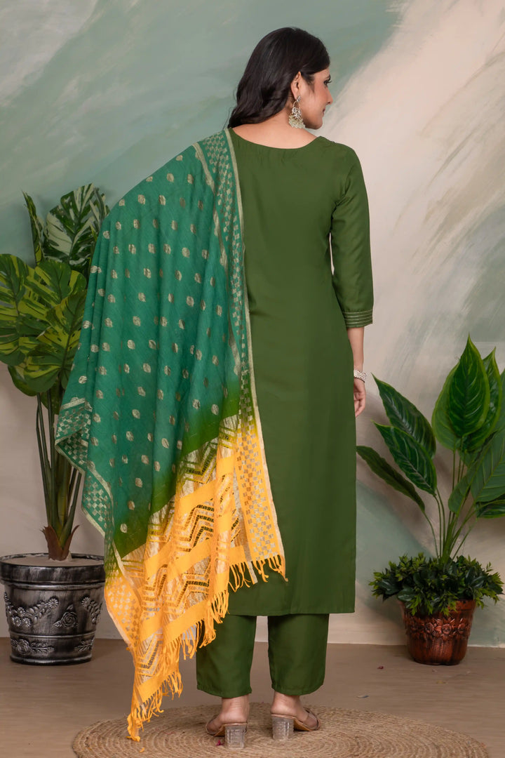 Stylish Embroidered Green Suit | Roman Silk with Cotton Dupatta