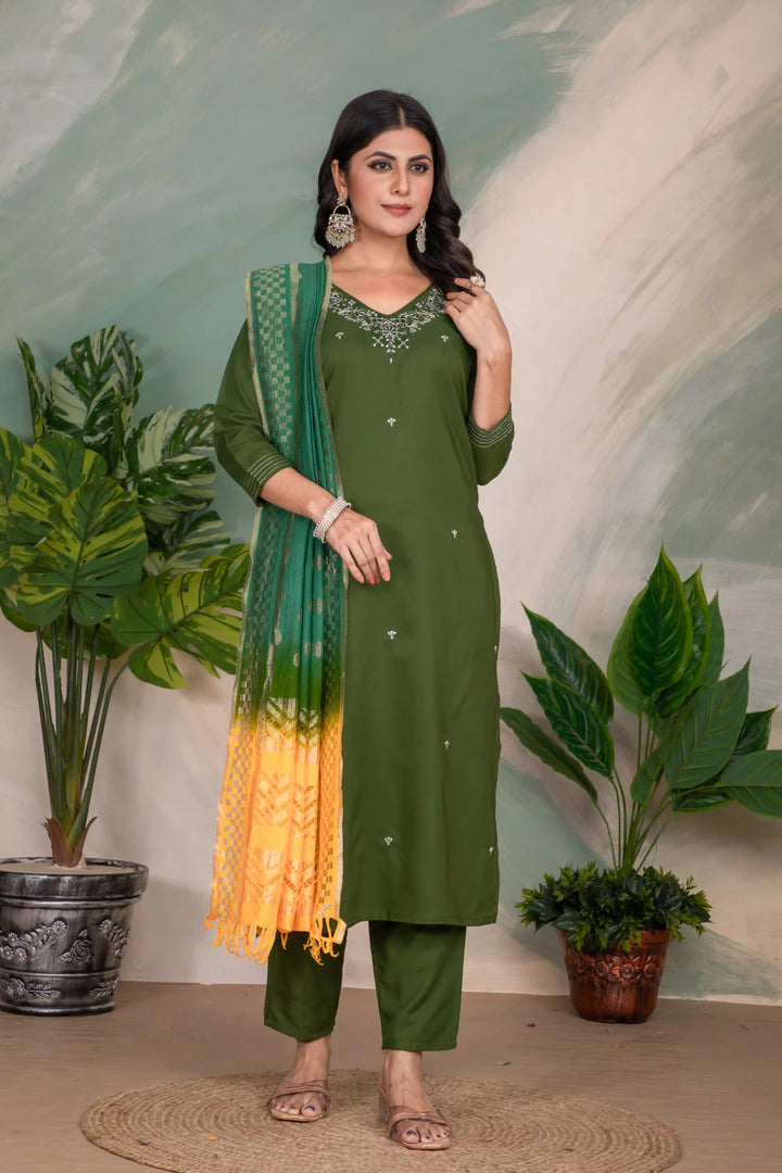 Stylish Embroidered Green Suit | Roman Silk with Cotton Dupatta
