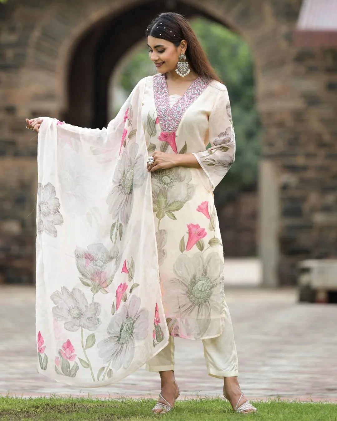 Partywear Embroidered Georgette Suit | Printed Dupatta Style