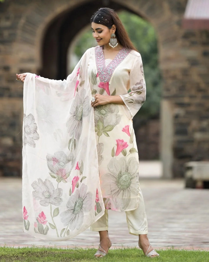 Partywear Embroidered Georgette Suit | Printed Dupatta Style