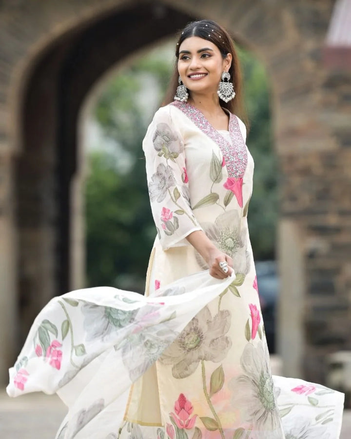 Partywear Embroidered Georgette Suit | Printed Dupatta Style