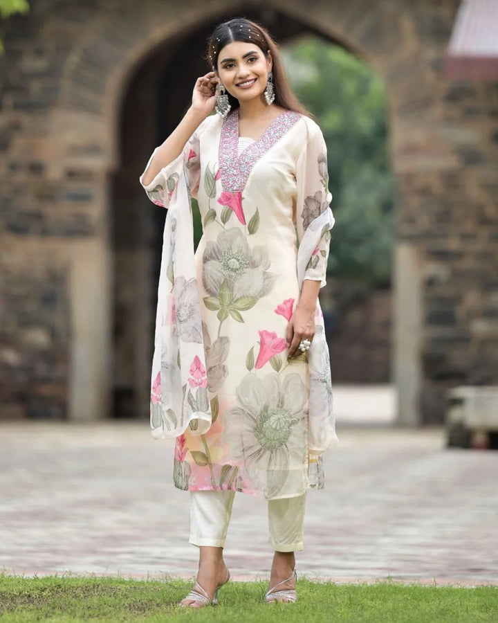 Partywear Embroidered Georgette Suit | Printed Dupatta Style