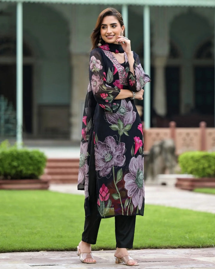 Partywear Embroidered Georgette Suit | Printed Dupatta Style