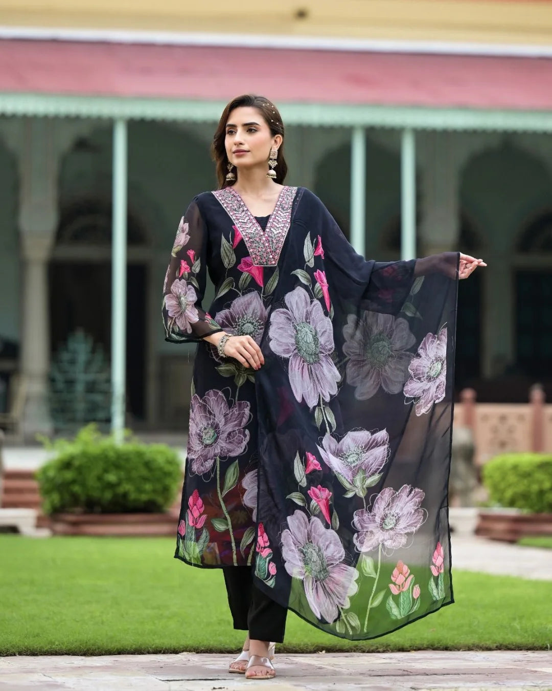 Partywear Embroidered Georgette Suit | Printed Dupatta Style