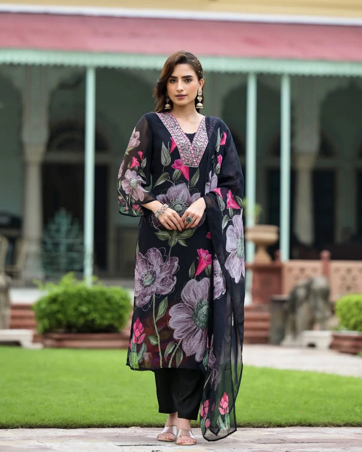Partywear Embroidered Georgette Suit | Printed Dupatta Style