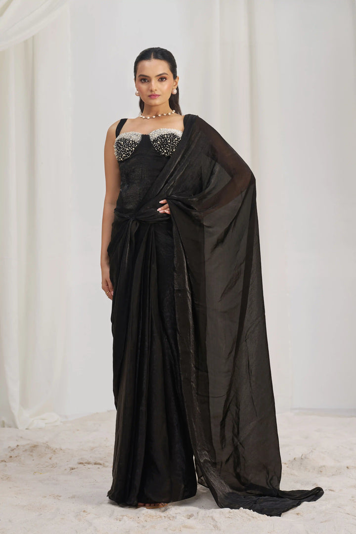 Black Organza Saree with Blouse | Designer Hand Work for Women