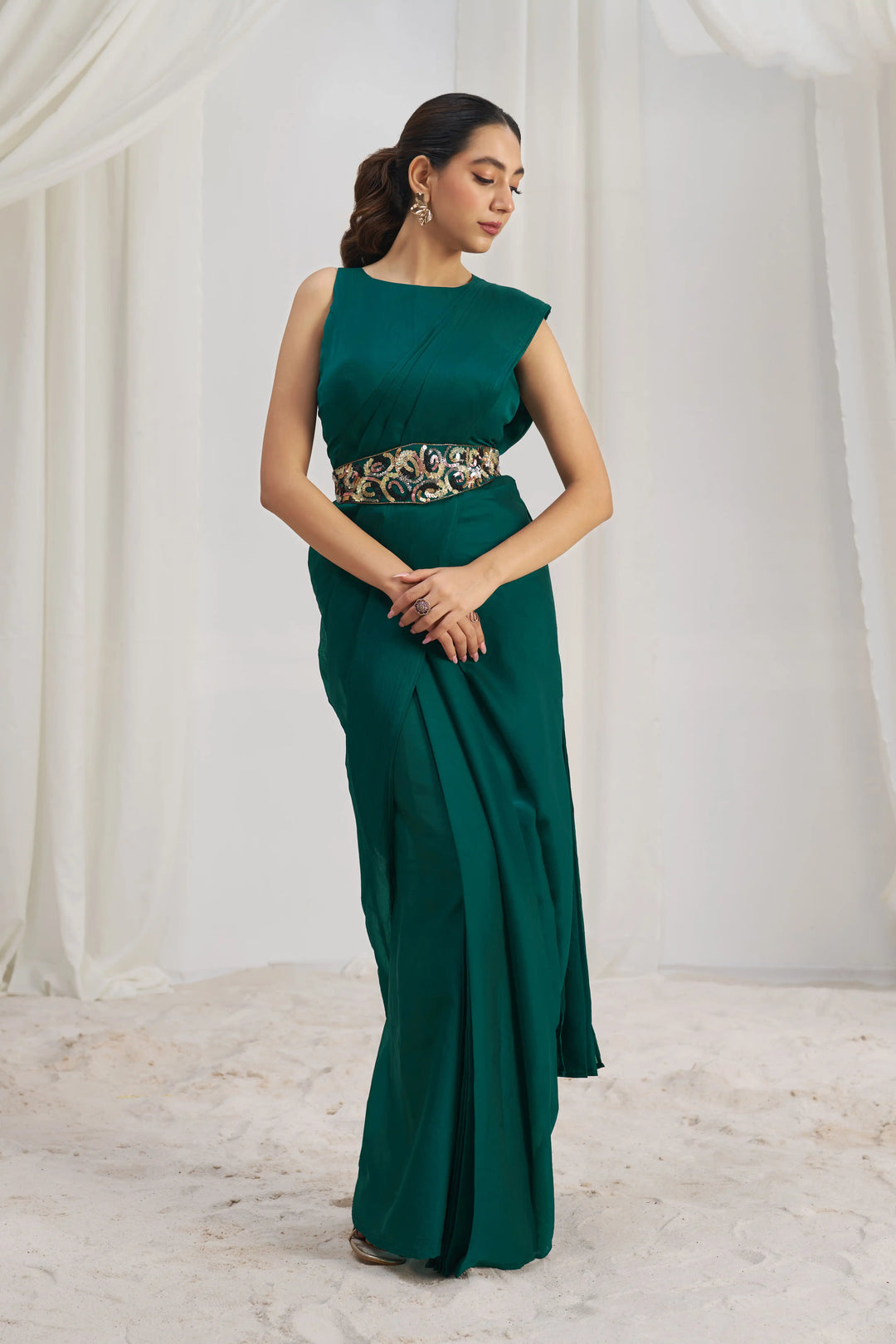 Designer Teal Green Saree | Hand Work Organza with Matching Blouse