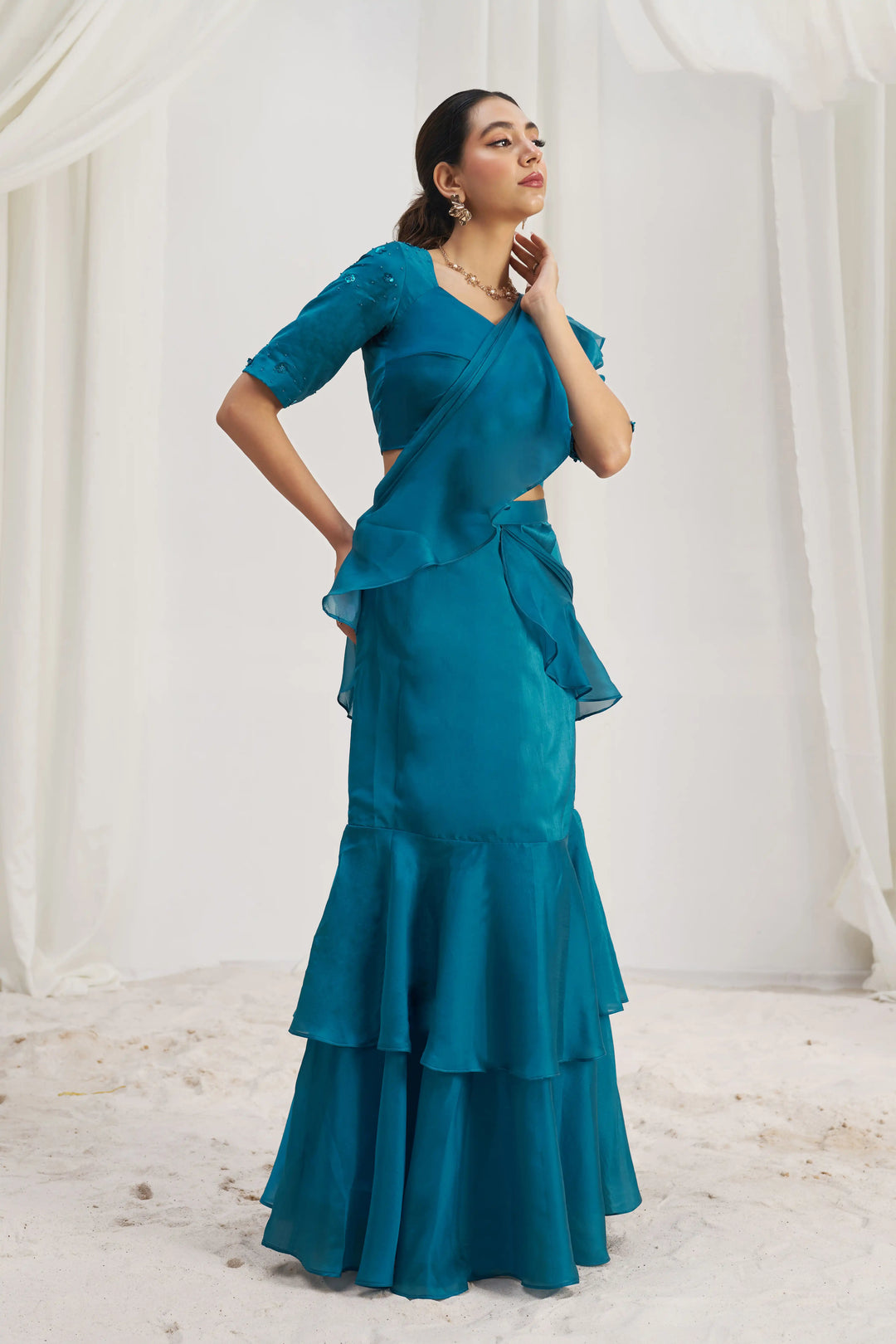 Stunning Teal Blue Organza Saree | Designer Hand Work for Women