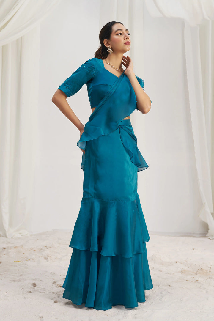 Stunning Teal Blue Organza Saree | Designer Hand Work for Women