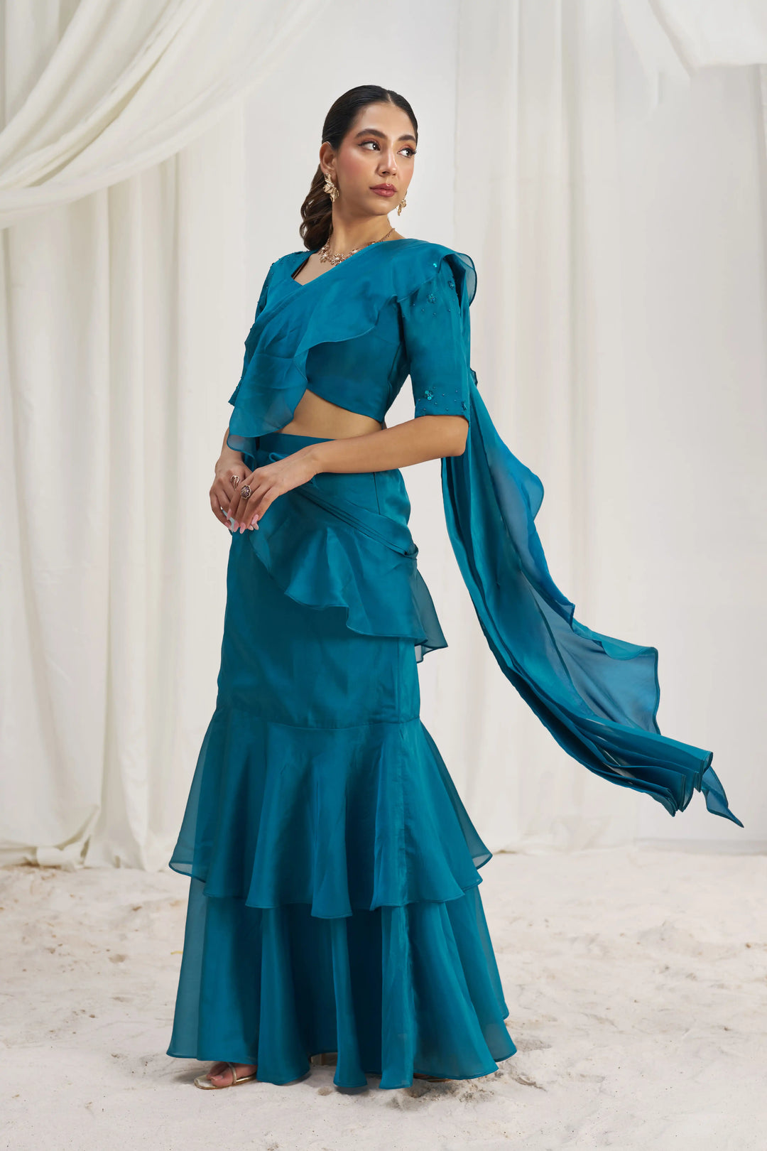 Stunning Teal Blue Organza Saree | Designer Hand Work for Women