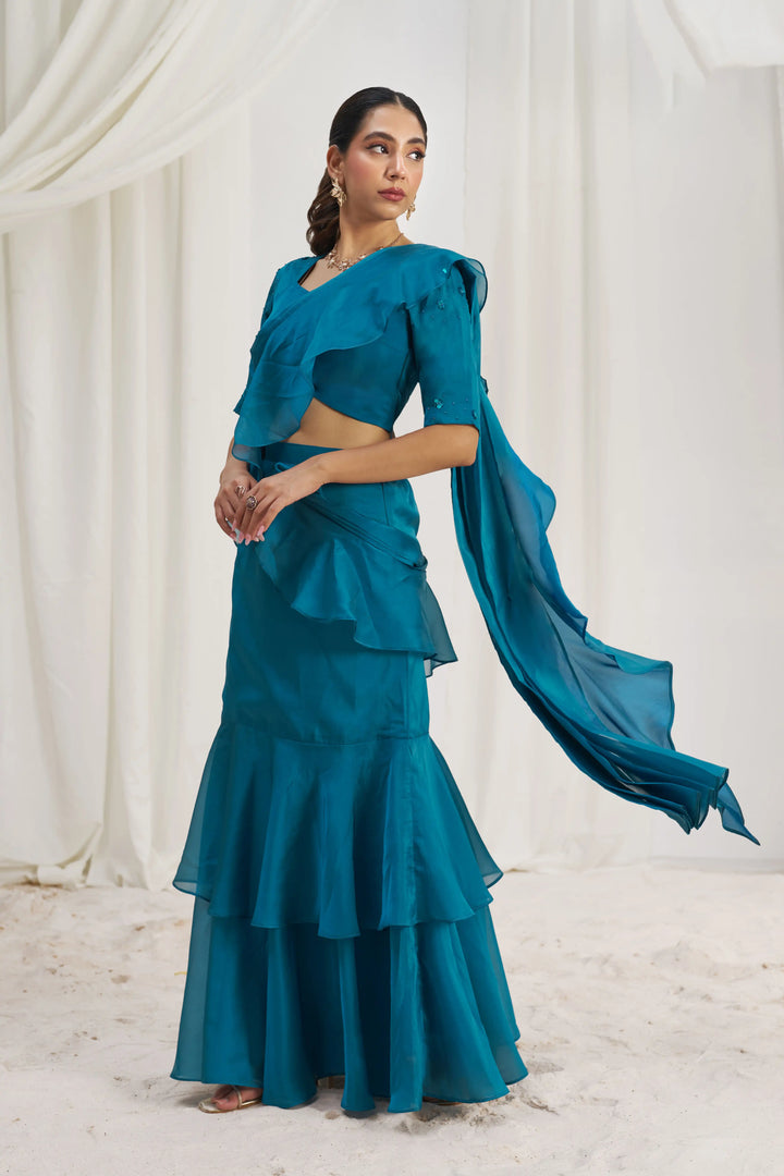 Stunning Teal Blue Organza Saree | Designer Hand Work for Women