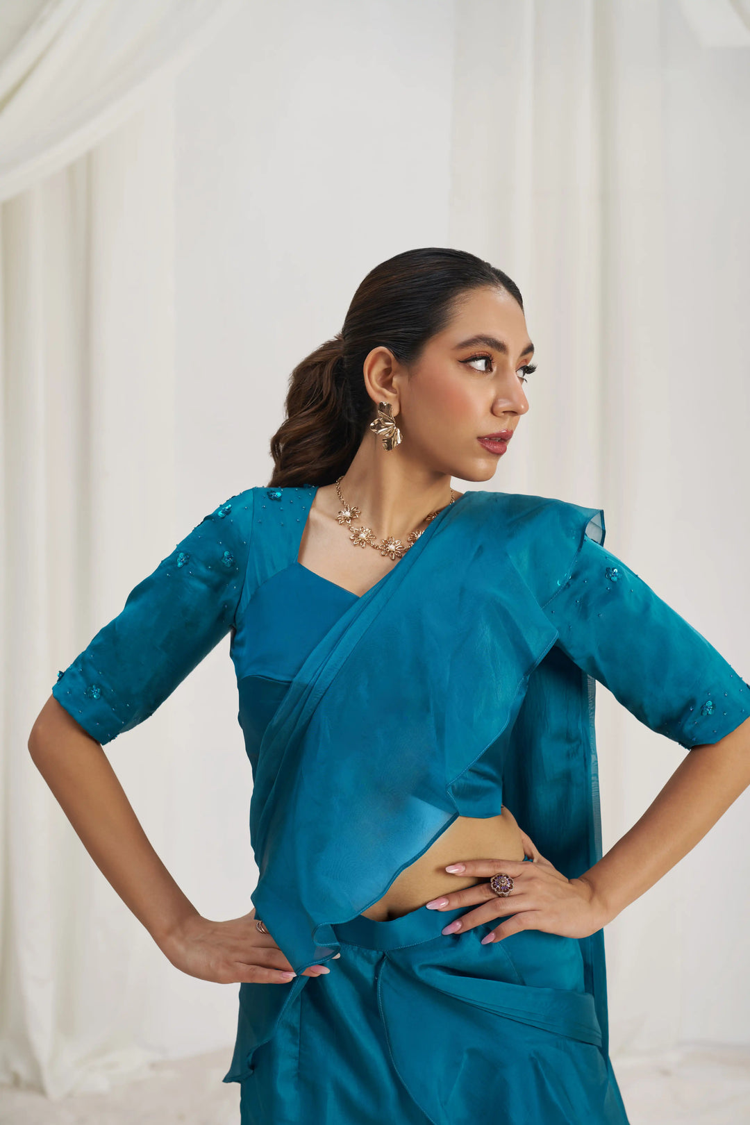 Stunning Teal Blue Organza Saree | Designer Hand Work for Women