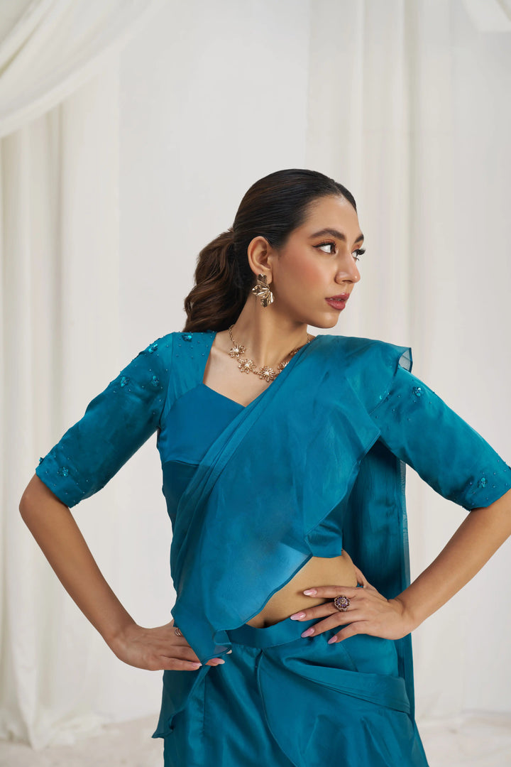 Stunning Teal Blue Organza Saree | Designer Hand Work for Women