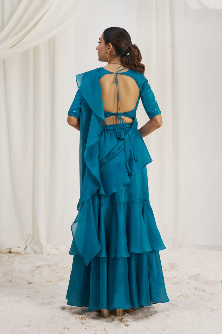 Stunning Teal Blue Organza Saree | Designer Hand Work for Women