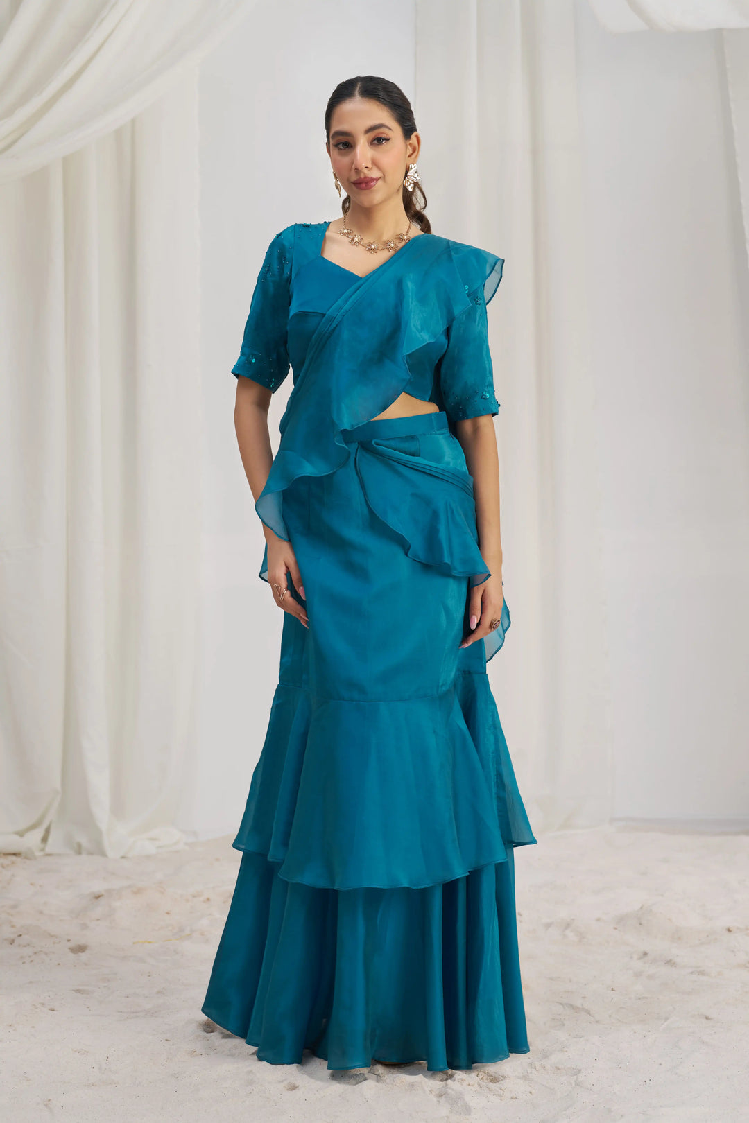 Stunning Teal Blue Organza Saree | Designer Hand Work for Women