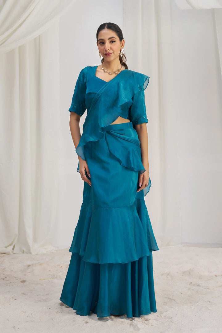Stunning Teal Blue Organza Saree | Designer Hand Work for Women