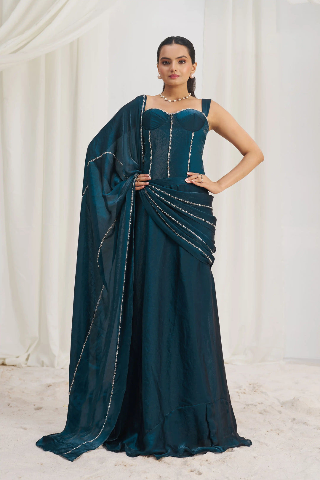 Luxury Organza Saree | Navy Elegance with Exquisite Hand Embroidery