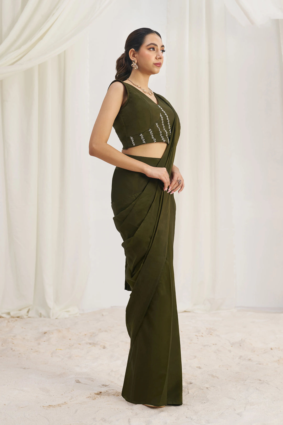 Premium Organza Saree | Olive Shade with Graceful Hand Embroidery