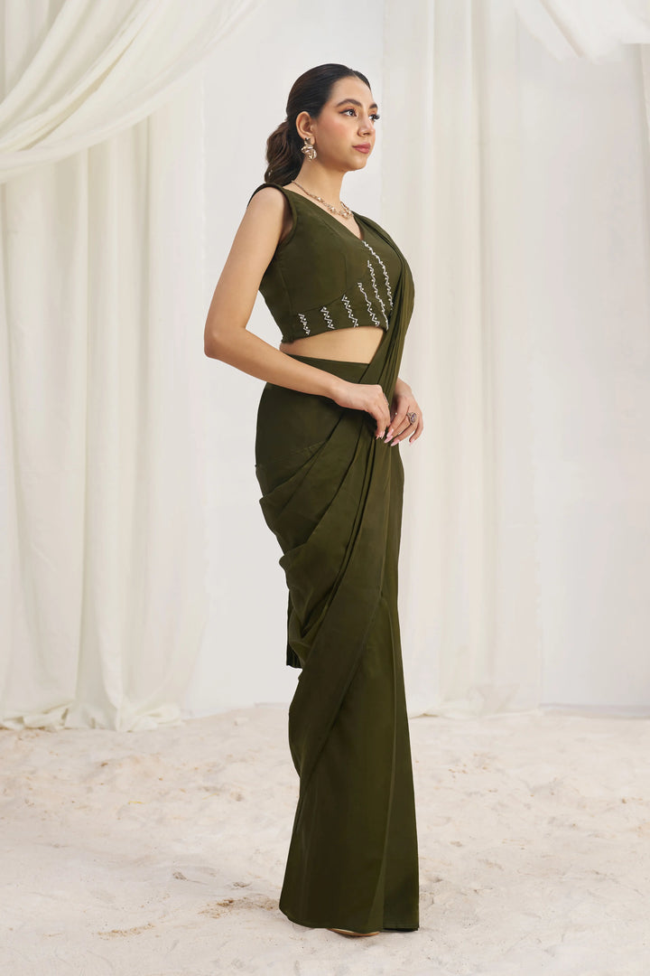 Premium Organza Saree | Olive Shade with Graceful Hand Embroidery