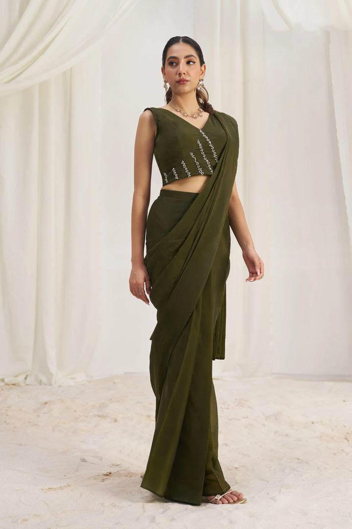 Premium Organza Saree | Olive Shade with Graceful Hand Embroidery
