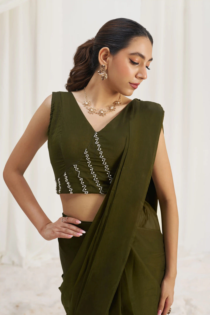 Premium Organza Saree | Olive Shade with Graceful Hand Embroidery