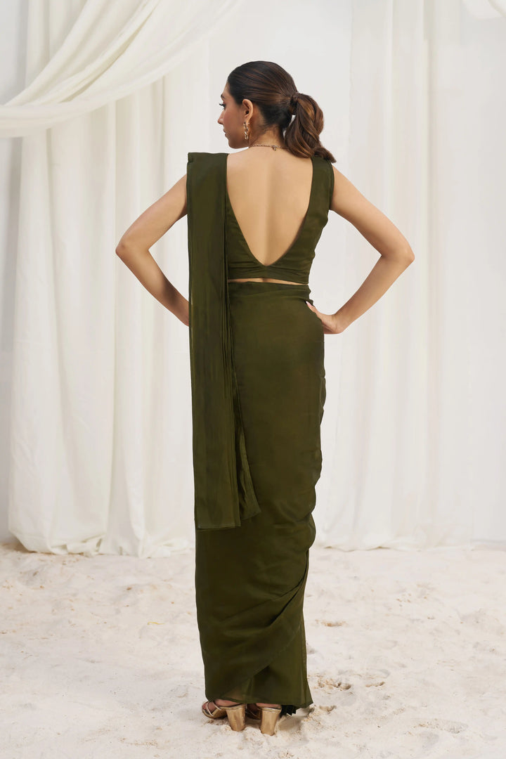 Premium Organza Saree | Olive Shade with Graceful Hand Embroidery