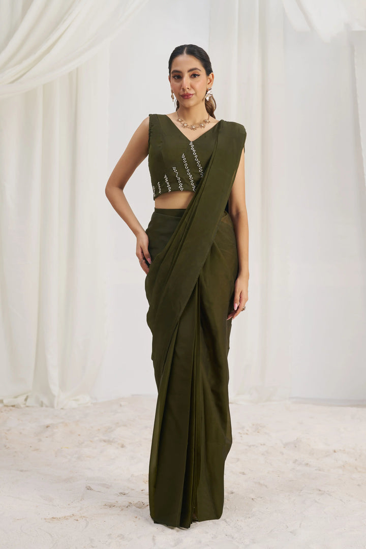 Premium Organza Saree | Olive Shade with Graceful Hand Embroidery