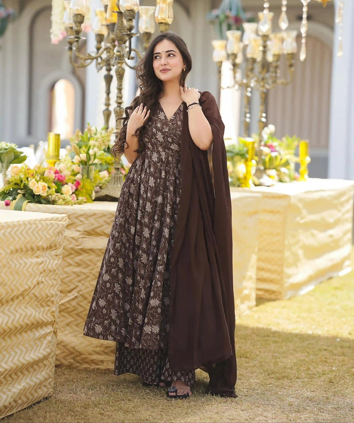 Brown Muslin Palazzo Set | Georgette Dupatta with Digital Prints