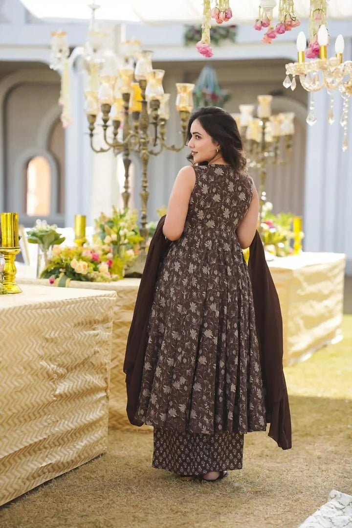 Brown Muslin Palazzo Set | Georgette Dupatta with Digital Prints