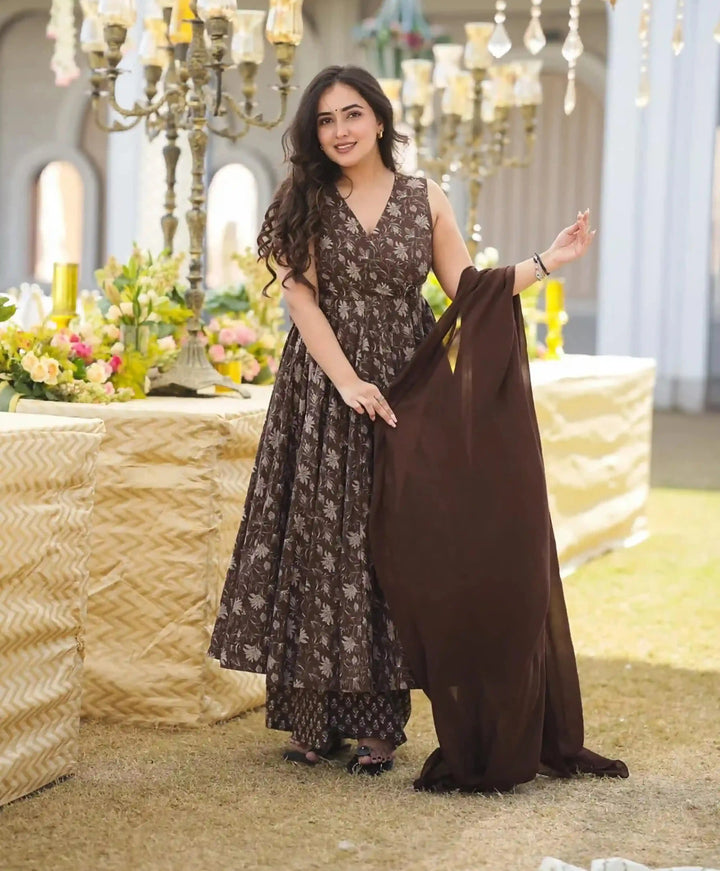 Brown Muslin Palazzo Set | Georgette Dupatta with Digital Prints