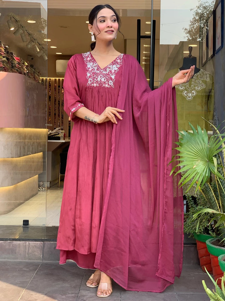 Exquisite Designer Embroidered Viscose Chinon Salwar Suit | Nazmin Dupatta