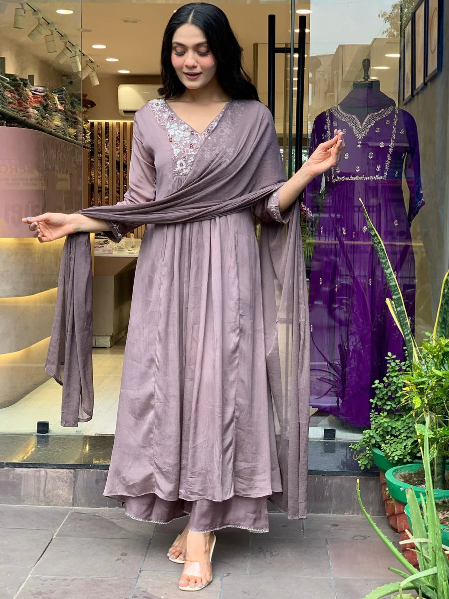 Exquisite Designer Embroidered Viscose Chinon Salwar Suit | Nazmin Dupatta