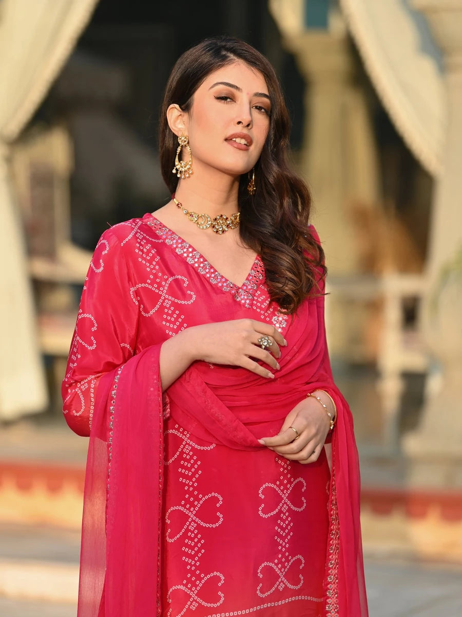 Premium Chinon Silk Suit Set | Embroidery Work & Printed Dupatta