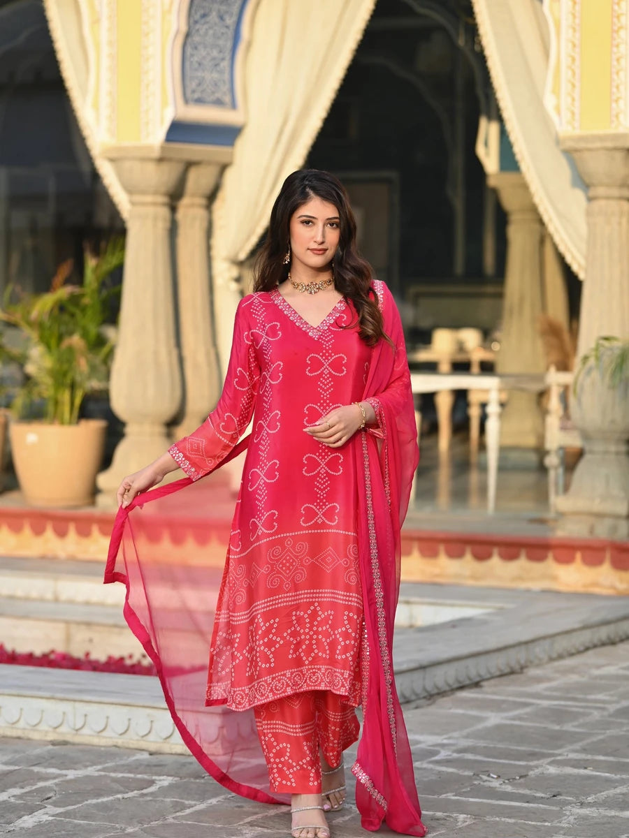 Premium Chinon Silk Suit Set | Embroidery Work & Printed Dupatta