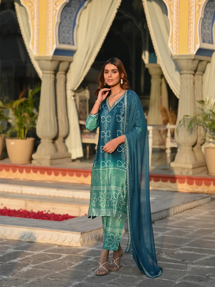 Premium Chinon Silk Suit Set | Embroidery Work & Printed Dupatta