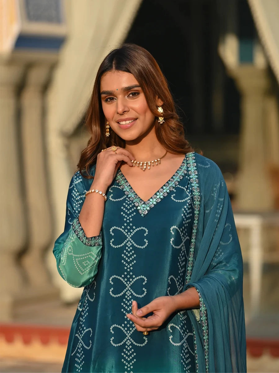 Premium Chinon Silk Suit Set | Embroidery Work & Printed Dupatta
