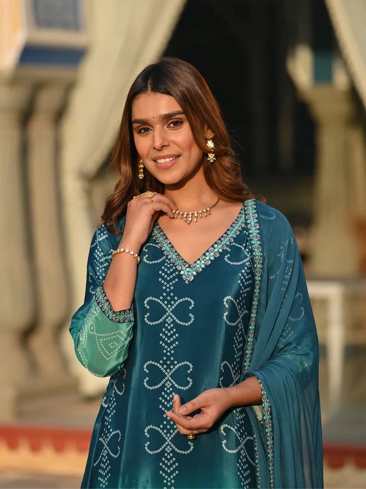 Premium Chinon Silk Suit Set | Embroidery Work & Printed Dupatta