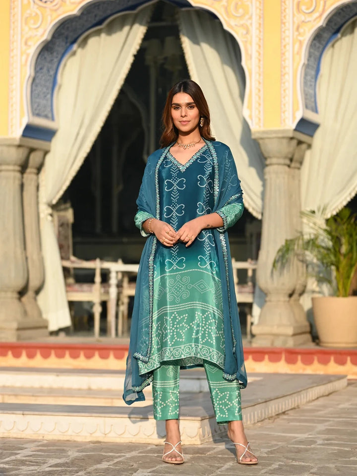 Premium Chinon Silk Suit Set | Embroidery Work & Printed Dupatta