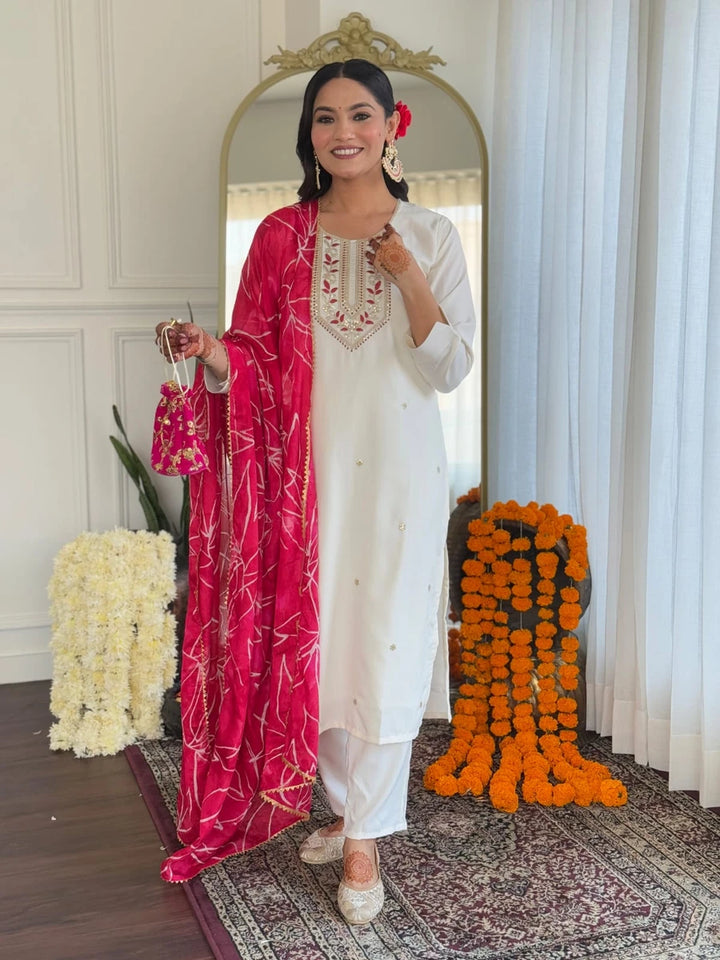 Festive White Salwar Kameez | Designer Chinon Dupatta with Embroidery