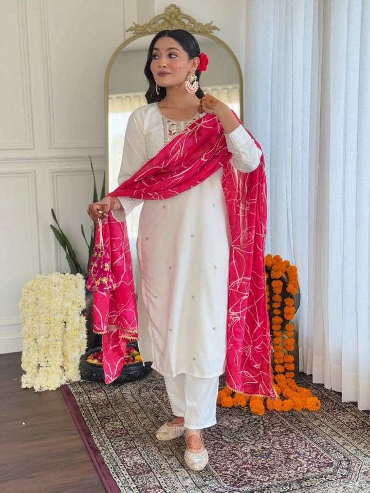Festive White Salwar Kameez | Designer Chinon Dupatta with Embroidery