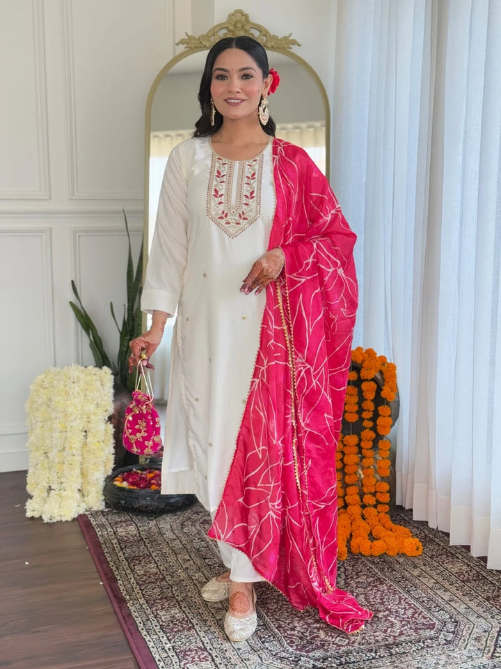 Festive White Salwar Kameez | Designer Chinon Dupatta with Embroidery