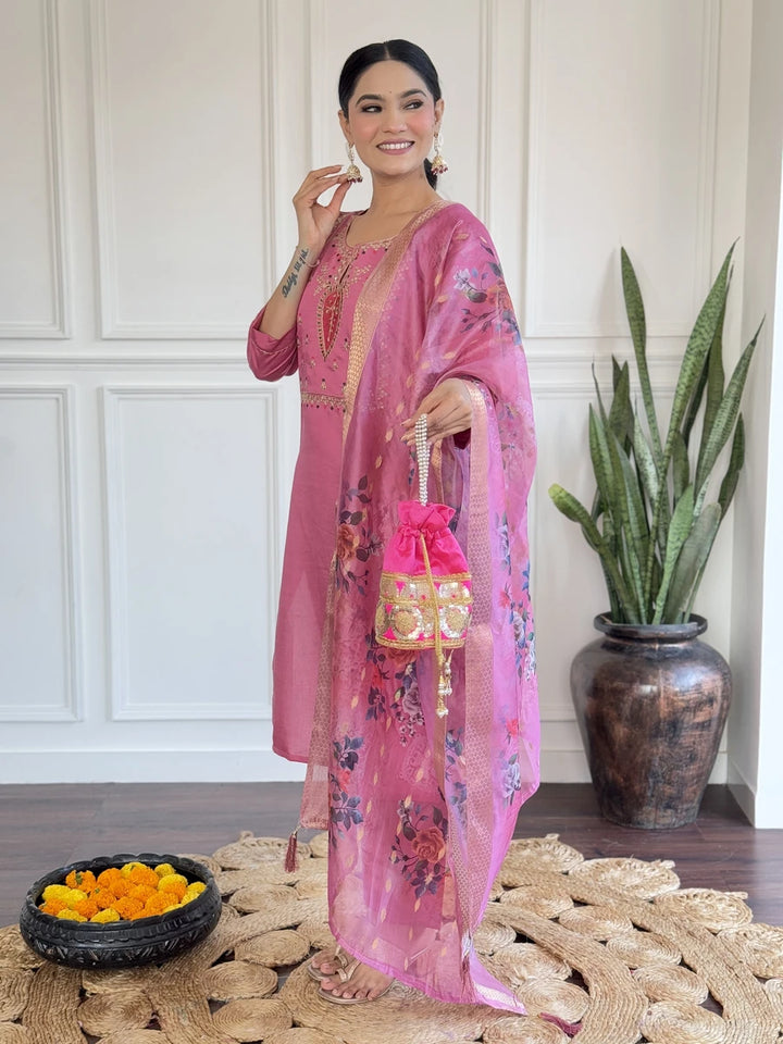 Hot Pink Viscose Chanderi Suit Set | Designer Embroidery with Dupatta