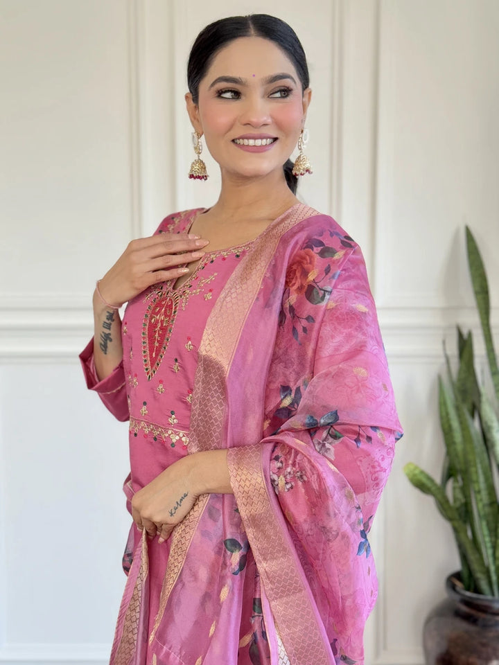 Hot Pink Viscose Chanderi Suit Set | Designer Embroidery with Dupatta