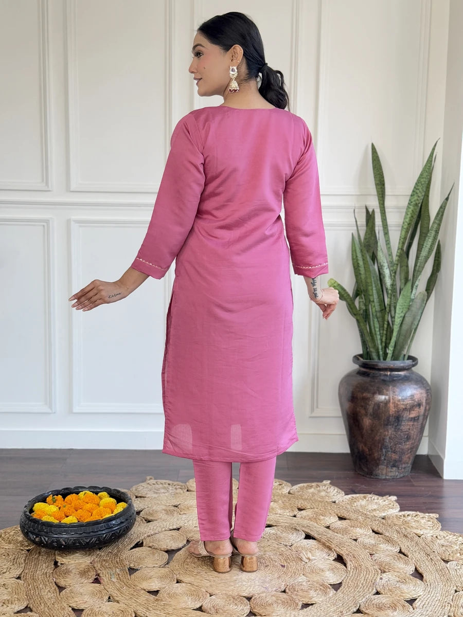 Hot Pink Viscose Chanderi Suit Set | Designer Embroidery with Dupatta