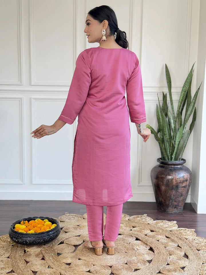 Hot Pink Viscose Chanderi Suit Set | Designer Embroidery with Dupatta