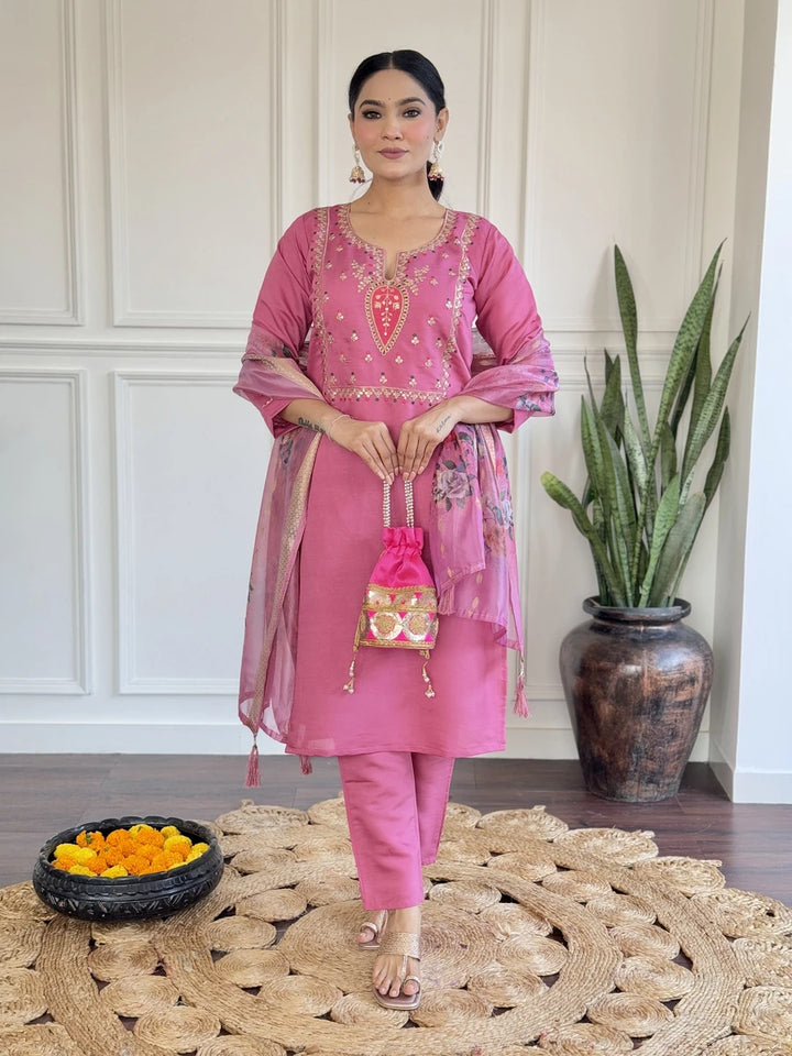 Hot Pink Viscose Chanderi Suit Set | Designer Embroidery with Dupatta