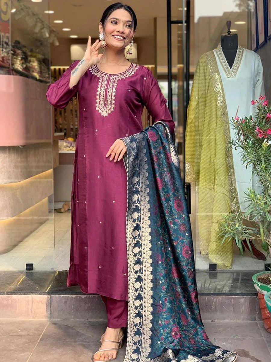 Ethnic Embroidery Suit for Women | Purple Rayon Salwar Kameez