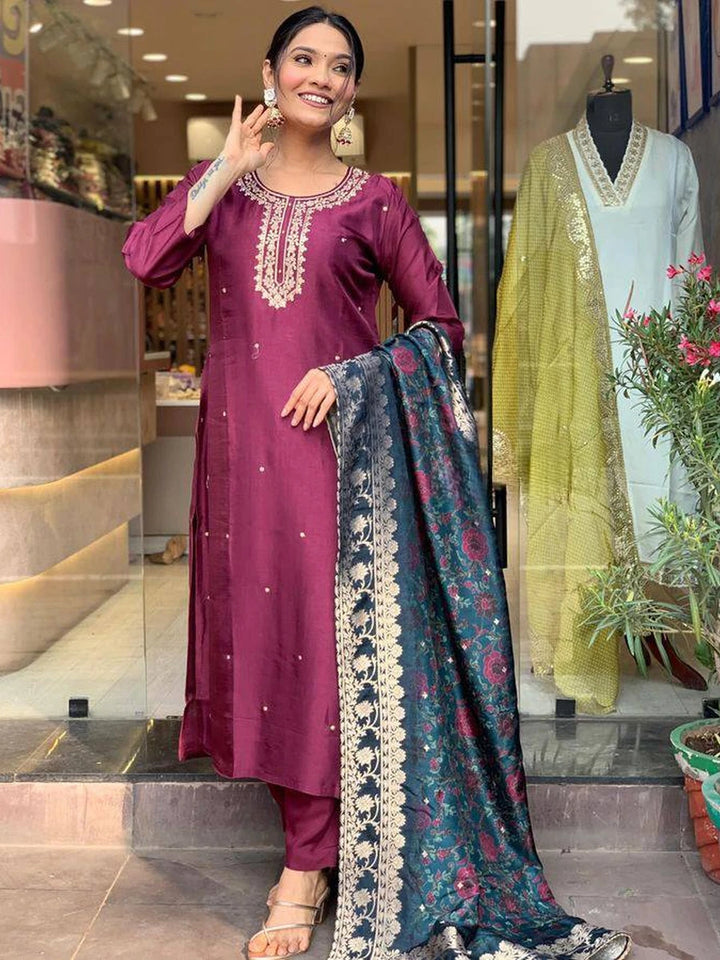 Ethnic Embroidery Suit for Women | Purple Rayon Salwar Kameez