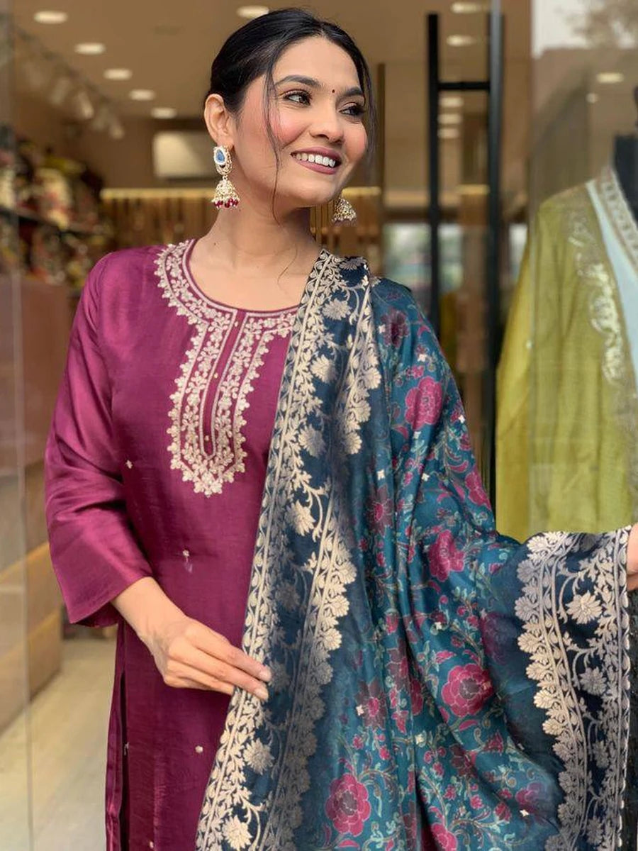 Ethnic Embroidery Suit for Women | Purple Rayon Salwar Kameez