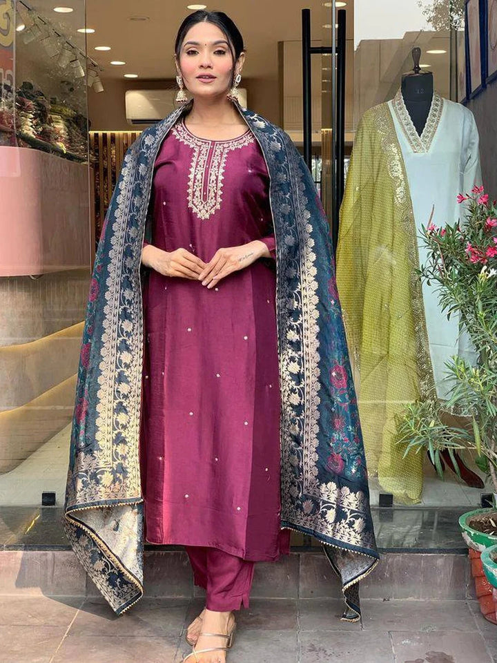 Ethnic Embroidery Suit for Women | Purple Rayon Salwar Kameez